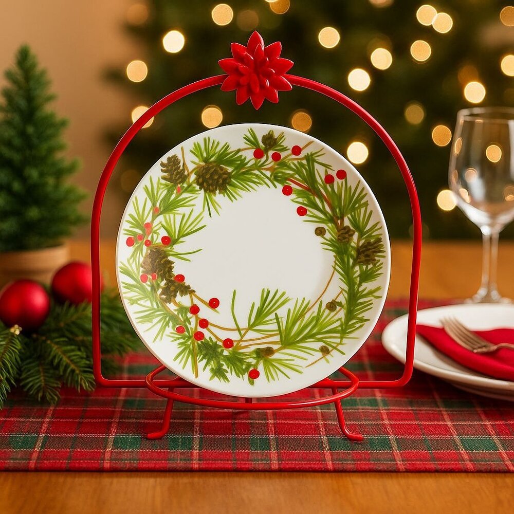 Hallmark Christmas Pinecone Berry Wreath Plate w/ Red Metal Stand Holiday Decor